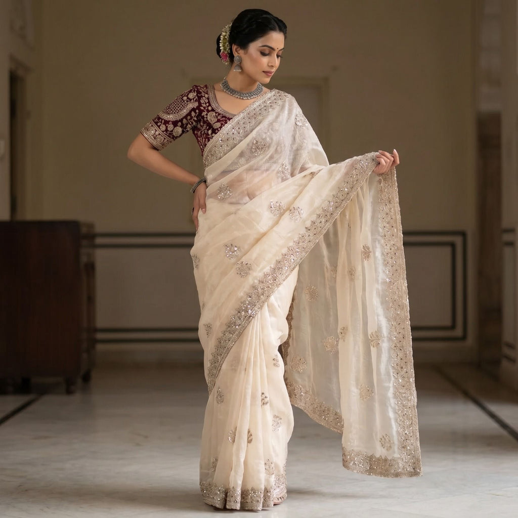 Premium Fandy Satin Silk Saree with Zari & Sequence Work