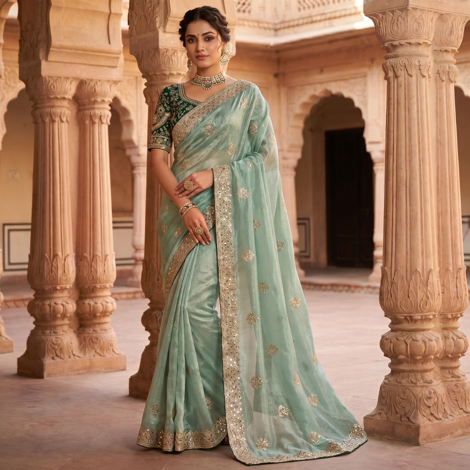Premium Fandy Satin Silk Saree with Zari & Sequence Work