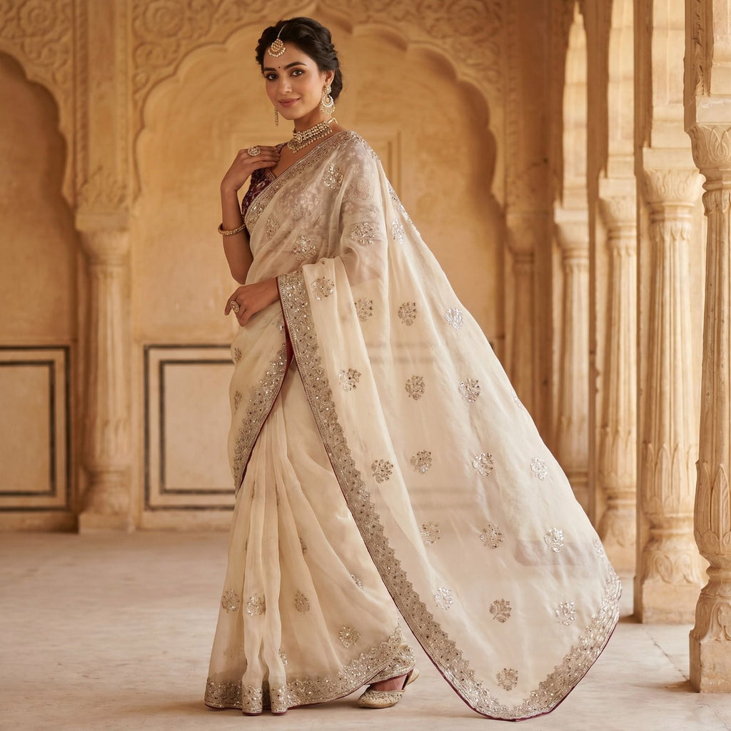 Premium Fandy Satin Silk Saree with Zari & Sequence Work
