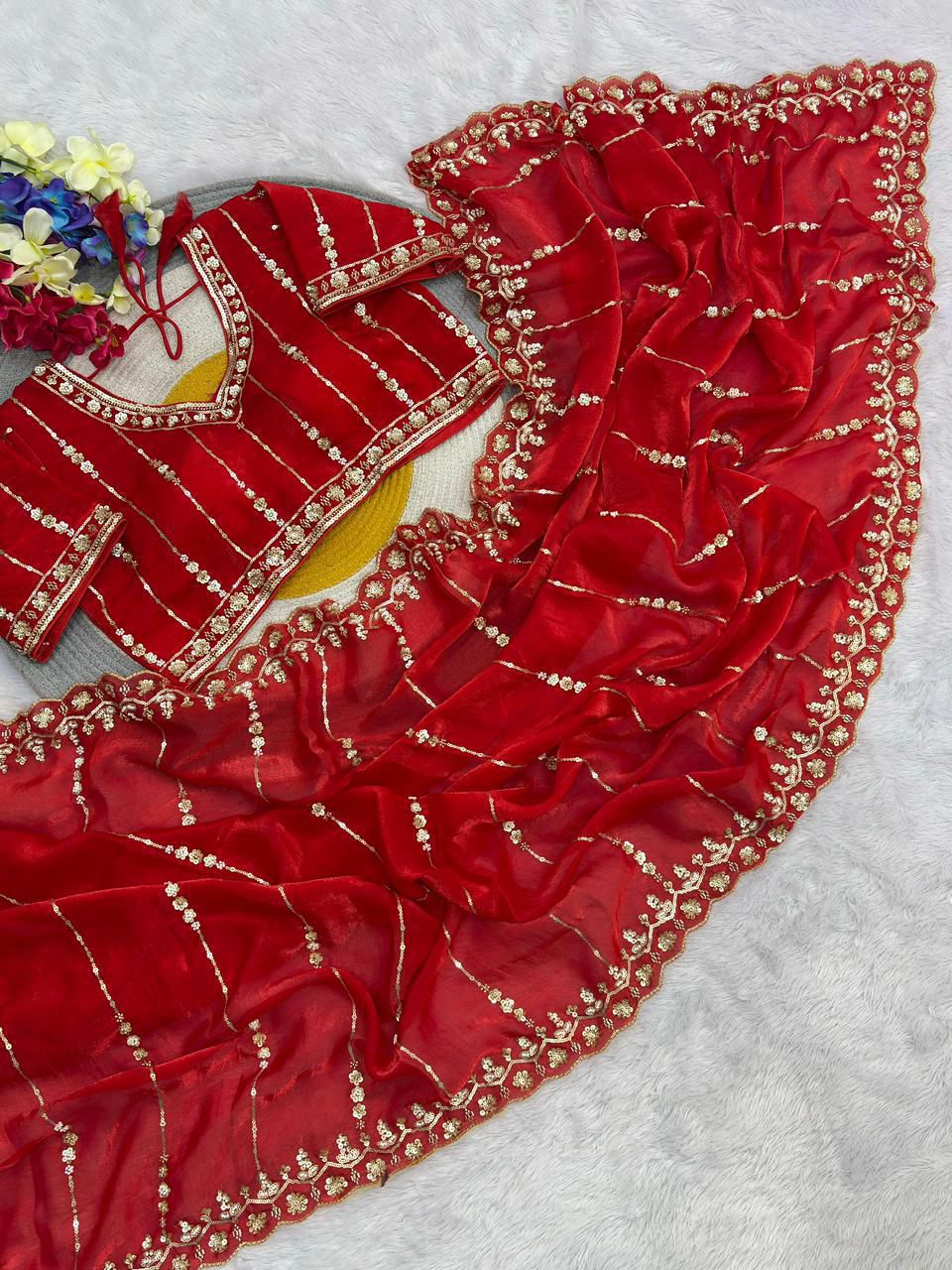 Premium Fandy Satin Silk Saree with Stitched Designer Blouse