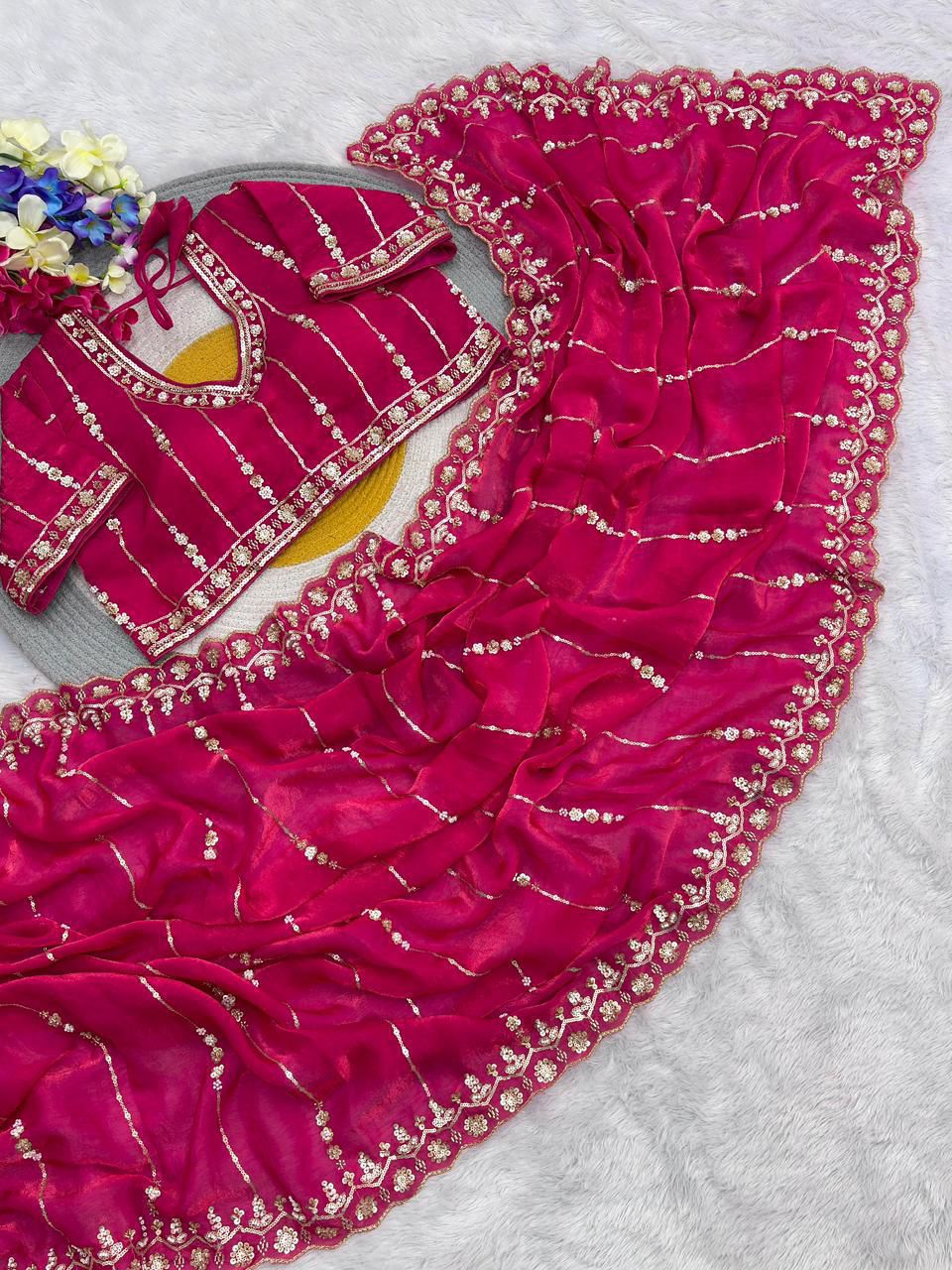 Premium Fandy Satin Silk Saree with Stitched Designer Blouse