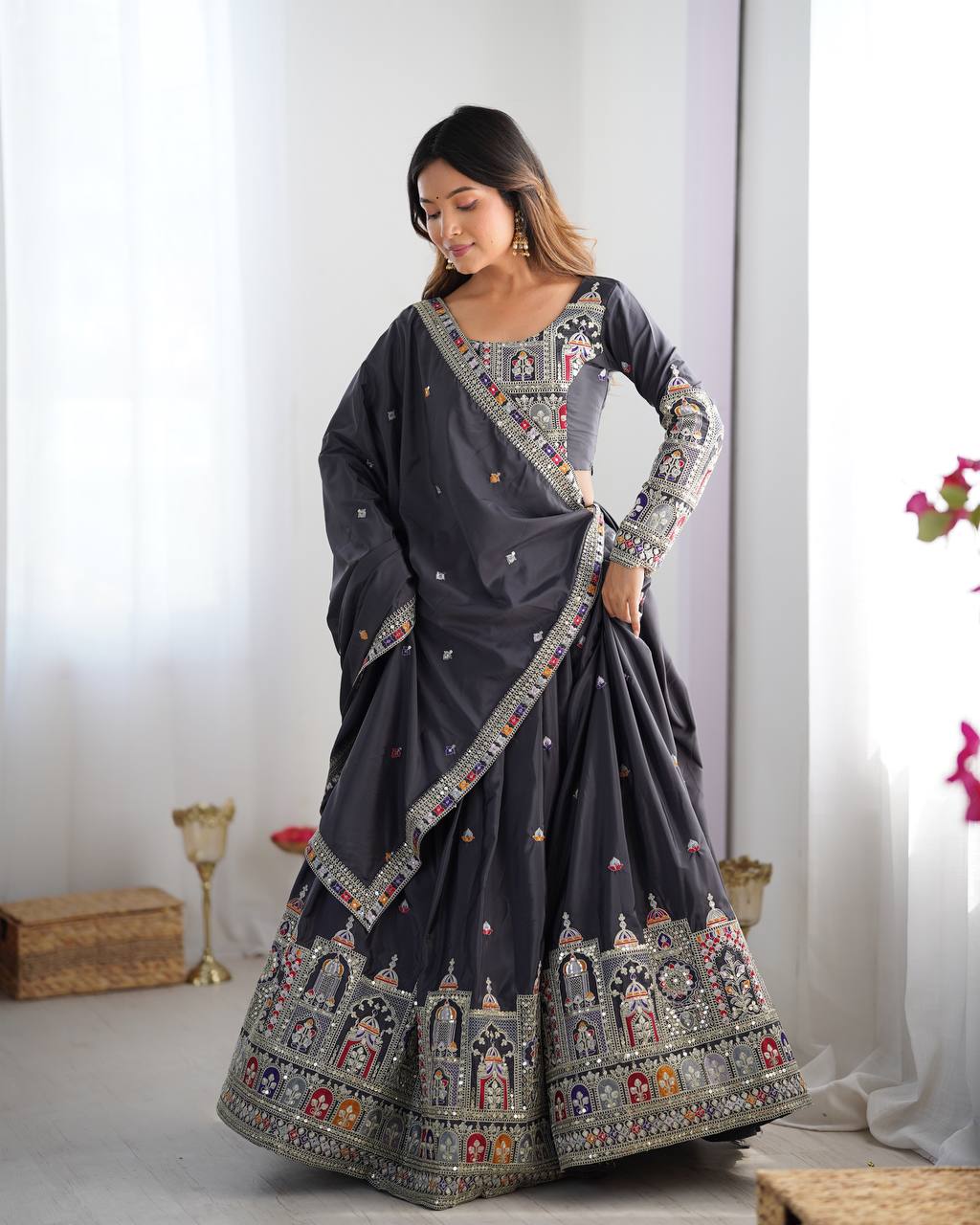 Luxury Handcrafted Grey Bridal Lehenga