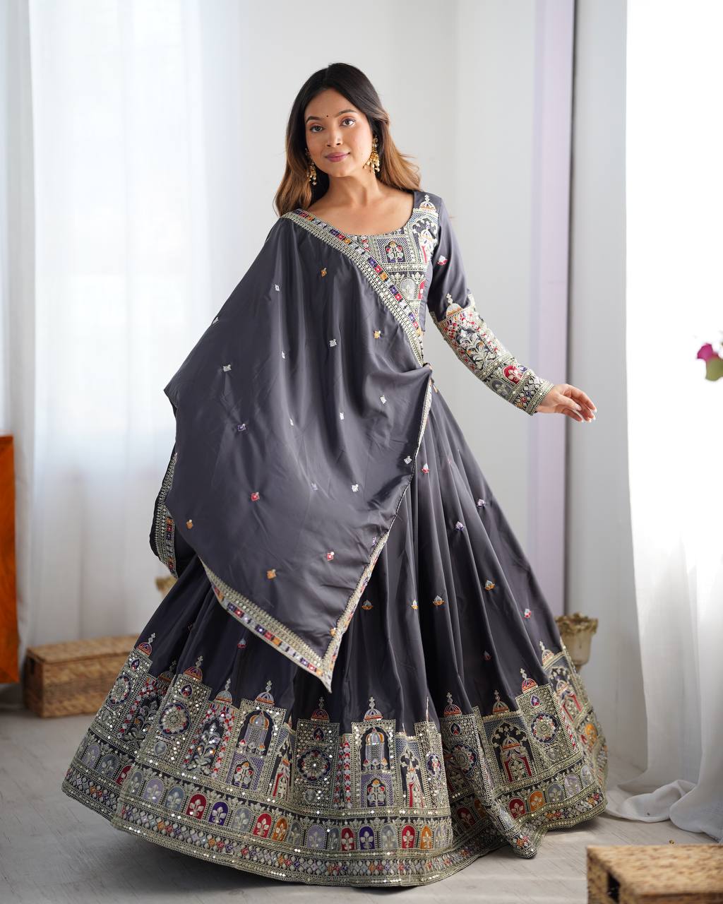 Luxury Handcrafted Grey Bridal Lehenga