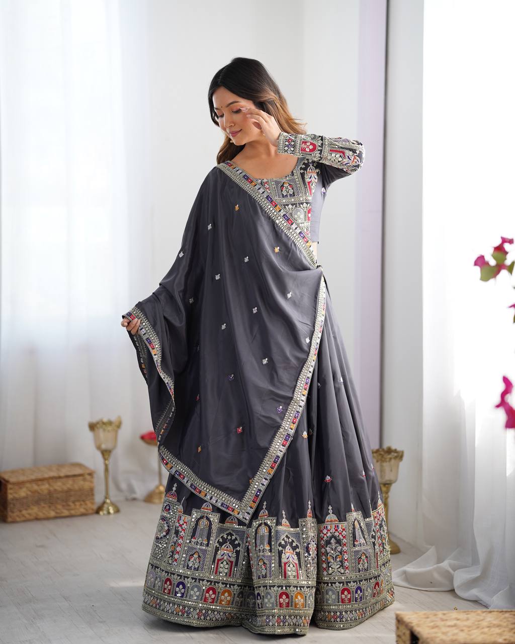 Luxury Handcrafted Grey Bridal Lehenga