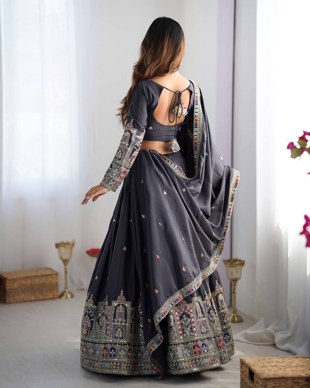 Luxury Handcrafted Grey Bridal Lehenga
