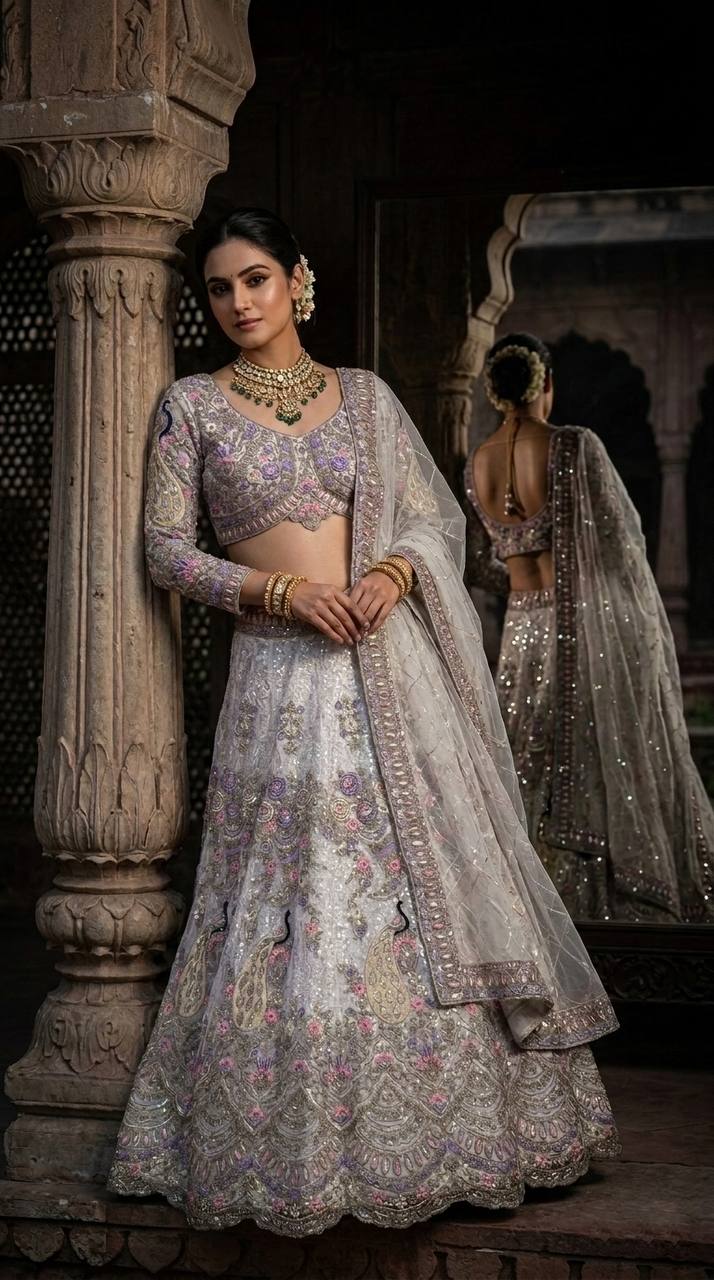 Ivory Off-White Coding Sequins Embroidered Butterfly Net Lehenga Choli Set