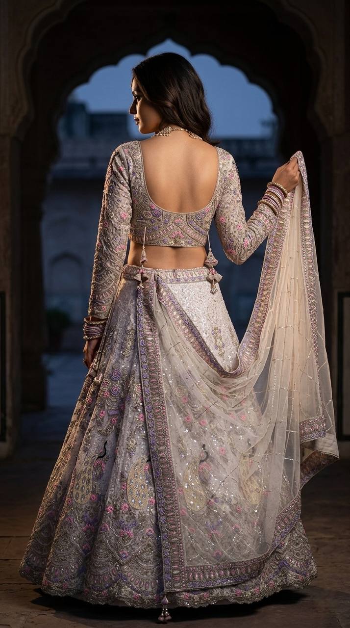 Ivory Off-White Coding Sequins Embroidered Butterfly Net Lehenga Choli Set