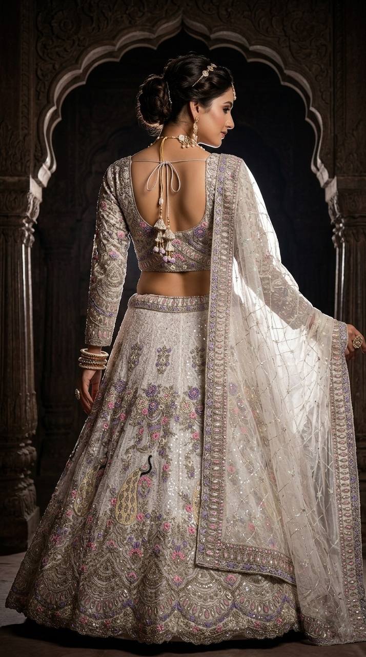 Ivory Off-White Coding Sequins Embroidered Butterfly Net Lehenga Choli Set