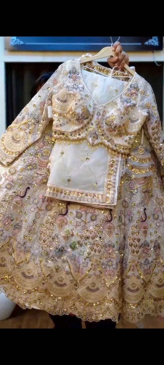 Ivory Off-White Coding Sequins Embroidered Butterfly Net Lehenga Choli Set