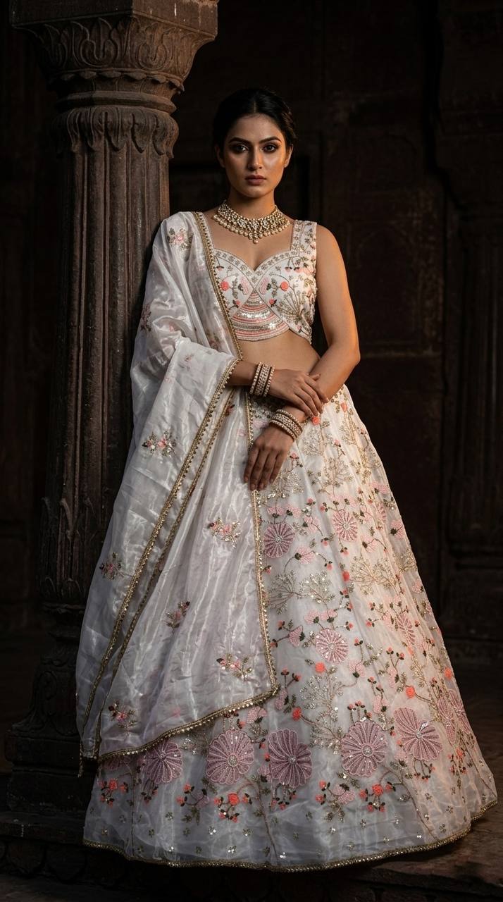 Premium Pearl Embroidered Tabby Silk Lehenga Choli Set with Dupatta