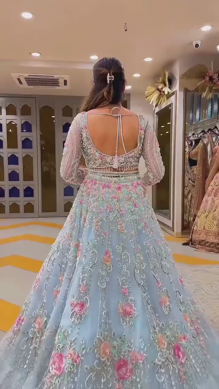 Premium Sky Blue Floral Embroidered Lehenga Set