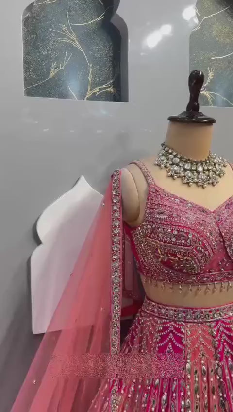 Royal Coral Bloom – Premium Embroidered Designer Lehenga Set