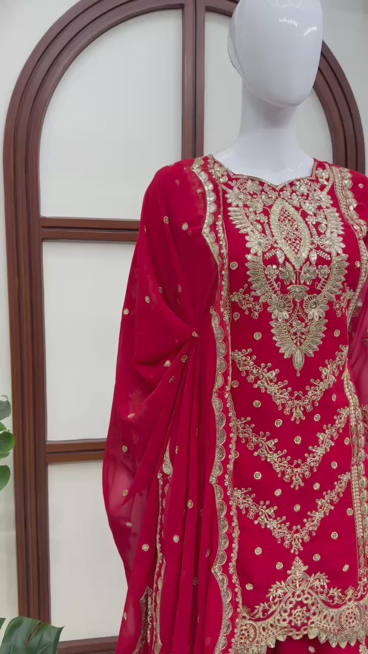 Imperial Red Embroidered Sharara